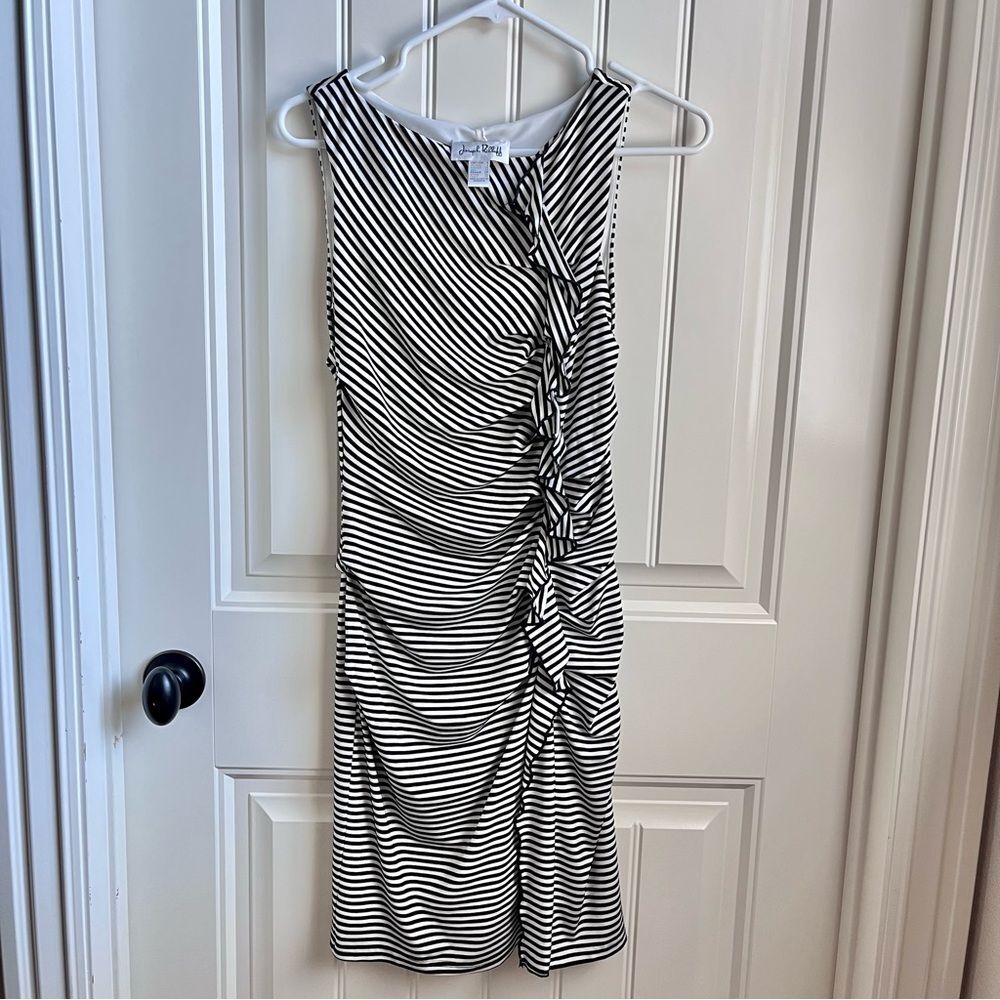 Joseph Ribkoff Black and White Striped Dress Ruffles Stretch Sz. 4